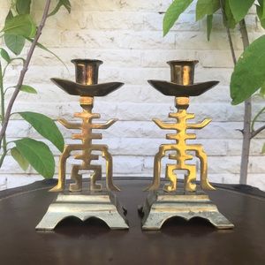 Mid century modern oriental brass candle holders